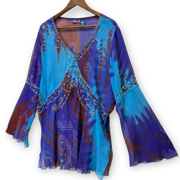 Vtg Y2k Beaded Babydoll Fairy Top Women 3X Blue Ethereal Sheer Gypsy Boho Hippie - Picture 4 of 15